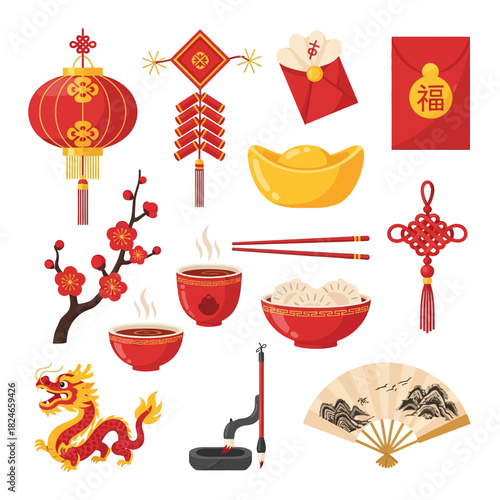 Celebrate the Lunar New Year with vibrant icons of Chinese culture including dragons, lanterns, tea, dumplings, and lucky red envelopes for prosperity
