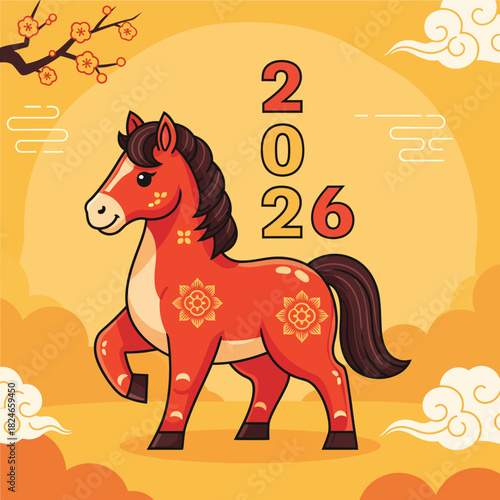 Celebrate a prosperous year of the horse in 2026 with this vibrant design, perfect for Lunar New Year promotions and festive greetings with good fortune
