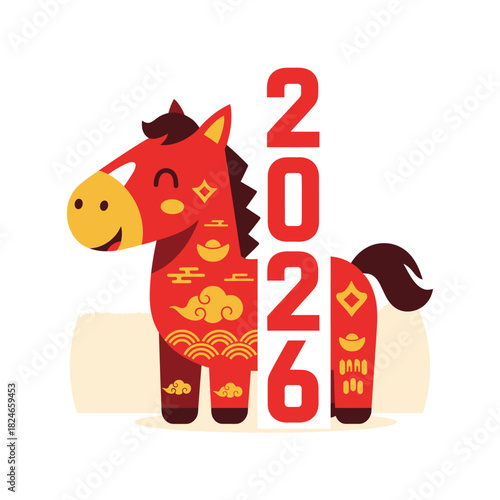 Celebrate 2026 Year of the Horse with this vibrant, festive design perfect for Lunar New Year greetings, invitations, and cultural event promotions