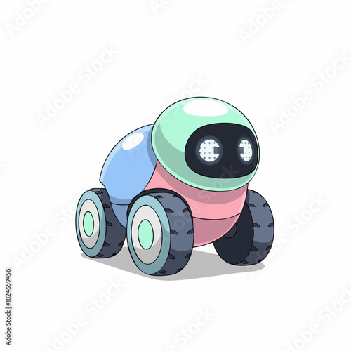 Cute cartoon robot rover with big wheels illustration.