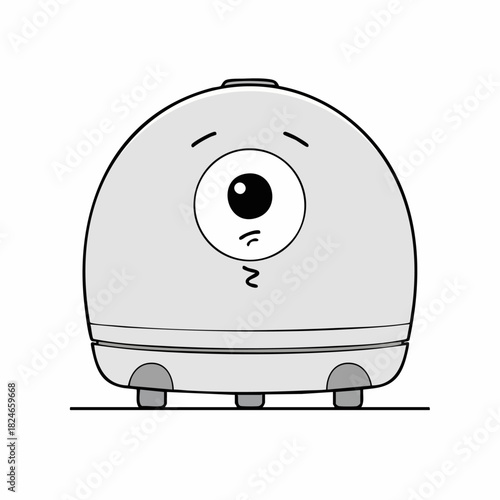 A simple black and white drawing of a sad one-eyed robot character.