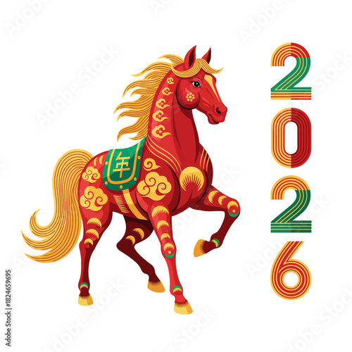Celebrate the Year of the Horse with this vibrant and elegant design, perfect for Chinese New Year greetings and festive promotions for a prosperous 2026
