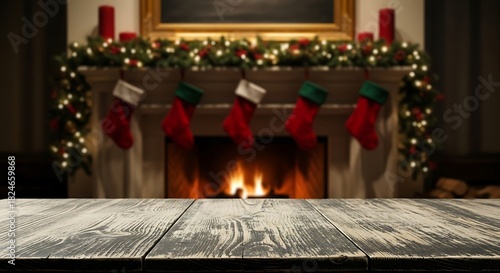 Cozy christmas fireplace with stockings and garland, empty wooden table
