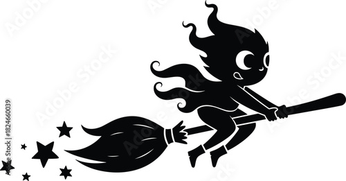 Cute little witch silhouette flying on broomstick, magic stars trail, Halloween fantasy character, funny cartoon kid, black vector illustration