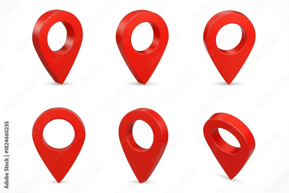 Fototapeta premium Collection of six red glossy map location pins or markers on a clean white background in various perspectives