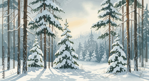 Enchanting watercolor winter forest scene with snow-covered evergreen trees basking in soft sunlight, a serene and magical landscape for holiday designs