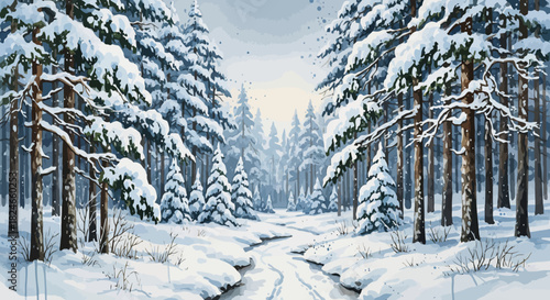 Enchanting snowy forest path, pristine winter wonderland, perfect for holiday greetings, serene landscapes, and evoking peaceful, seasonal vibes, perfect scene
