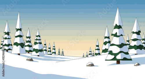 Enchanting winter landscape with snow-covered fir trees under a soft gradient sky, perfect for holiday cards, seasonal promotions, and creating a serene, peaceful atmosphere this winter