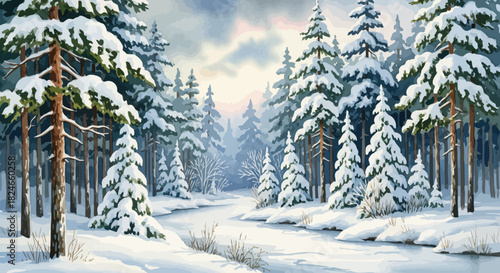 Serene winter wonderland scene with snow covered trees, evoking feelings of peace and tranquility, perfect for holiday cards or nature themed projects