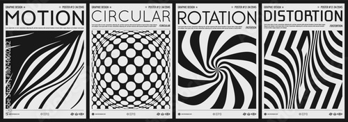 Spherical convexity. Abstract striped background. Optical illusion. Rotation effect. Wavy pattern. Black and white cover design template. Illustration for brochure, poster, flyer or poster.