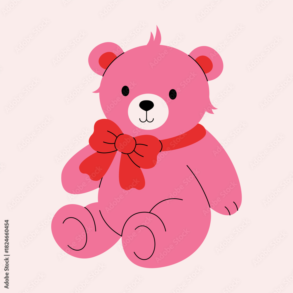 Obraz premium Cute teddy bear. Valentines day love sticker, cartoon plush bear animal in red bow, romantic holiday toy for St. Valentine day greeting card. Vector illustration