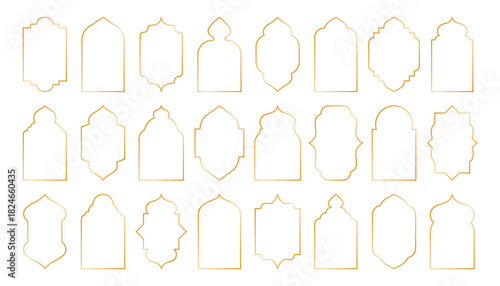 Arabic golden frames. Islamic geometric windows and doors, oriental mosque arch architecture, ramadan kareem shiny frame muslim design, luxury oriental ornate borders. Vector set