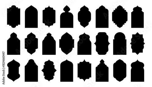 Arabic label frames. Modern islamic mosque dome and lanterns, monochrome blank arch stickers, traditional ornamental minimalist windows and simple border emblems. Vector set