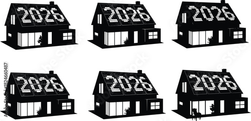 House silhouette with solar panels spelling 2026 on roof, renewable energy concept, sustainable home vector set, green power new year