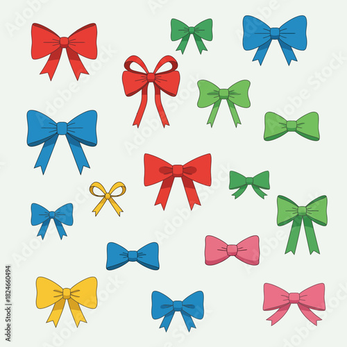 Festive ribbon collection for birthdays and holidays, colorful bow set for gift wrapping, vibrant red, green, blue, pink, and yellow decorations bring joy to celebrations