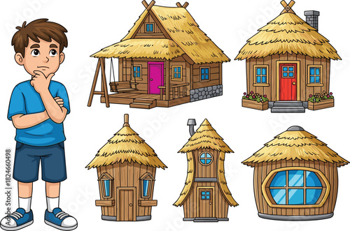 Cartoon boy choosing house design, wooden huts, thatched roofs, whimsical architecture, colorful doors, creative housing styles, storytelling illustration