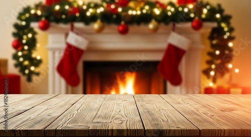 Cozy christmas fireplace with stockings and twinkling lights, wooden table