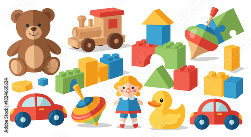 Delightful assortment of colorful vintage toys perfect for preschool learning, including a teddy bear, wooden train, building blocks, spinning tops, toy cars, doll, and rubber ducky for playful kids