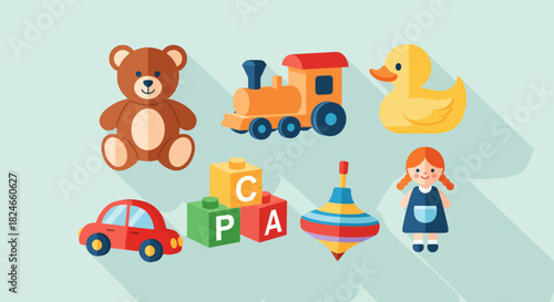 Adorable collection of classic toys brings nostalgic joy, perfect for children's books, educational materials, and playful designs that evoke childhood memories and spark imagination