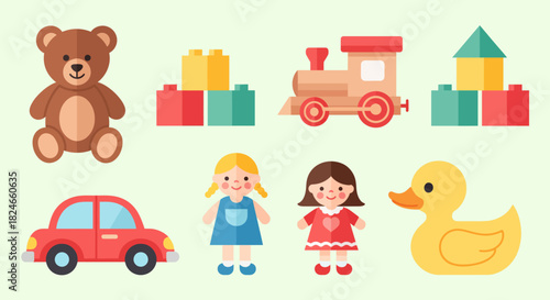 Charming collection of flat design toys including a teddy bear, building blocks, a toy train, dolls, a car, and a rubber ducky for joyful childhood memories