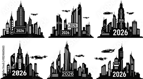 Set of futuristic city silhouettes with 2026 text, flying vehicles and skyscrapers in black and white vector style for technology.
