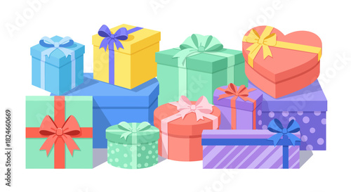 Cheerful stack of colorful gift boxes with bows, perfect for birthdays, holidays, celebrations, and special occasions, evoking joy, surprise, and festive cheer for commercial use
