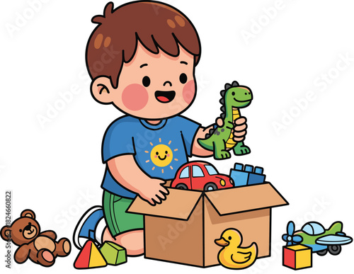 Cartoon child playing with toys, dinosaur, blocks, car, airplane, teddy bear, cheerful indoor scene, early learning illustration