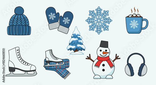 Celebrate winter with this charming collection of seasonal icons featuring a cozy hat, mittens, snowflake, hot cocoa, snowman, tree, skates and earmuffs, perfect for holiday projects