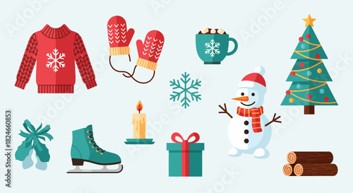 Festive Christmas collection of holiday icons featuring a snowman, Christmas tree, warm sweater, candle, gift, ice skate, cup of cocoa, logs, mittens and snowflake for seasonal designs
