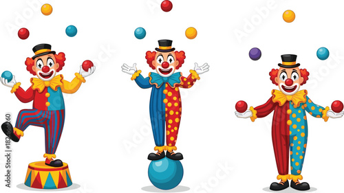Cartoon clowns juggling balls, circus performance, colorful costumes, red noses, balancing acts, playful entertainment, vibrant illustration, clown show