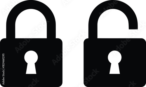 Two black padlock icons, one closed and one open, symbolizing security, access, and protection.
