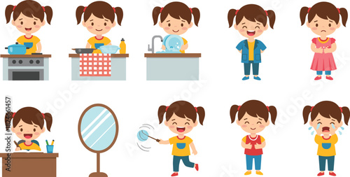 Cartoon girl activity and emotion set, cooking, cleaning, writing, playing, crying, smiling, daily routine, expressive character, colorful illustration