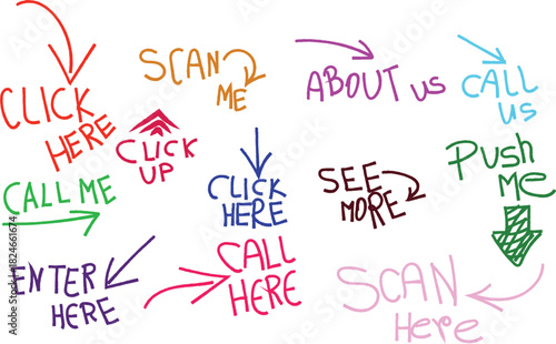 Colorful Call To Action Hand Drawn Arrows and Texts Isolated