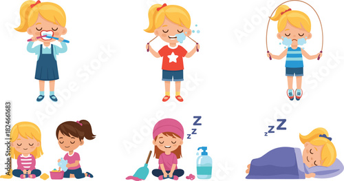 Cartoon girl daily routine set, hygiene, exercise, playtime, sleep, brushing teeth, jumping rope, toy tea set, bedtime illustration