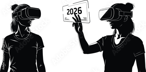 Two women wearing virtual reality headsets touching a 2026 screen, black and white vector silhouette illustration for future technology concepts.