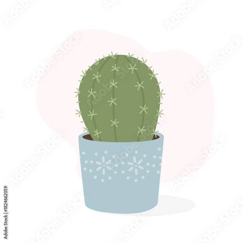 Soft vector scene featuring cactus in winter pot, cactus adding playful seasonal vibe with gentle colors, rounded shape and subtle spikes creating cozy botanical accent