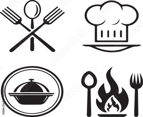 Restaurant and Dining Icons – Fork, Spoon, Plate & Chef Hat Line Art
