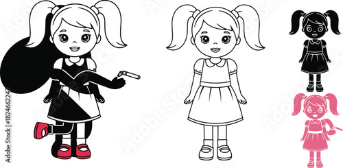 Cartoon girl illustration stages, outline to full color, pink pigtails, red shoes, character design, coloring process, creative development