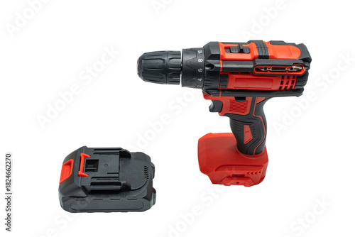 Cordless drill with detachable battery pack, PNG on transparent background. Power tool set layout for repair, assembly, and DIY.