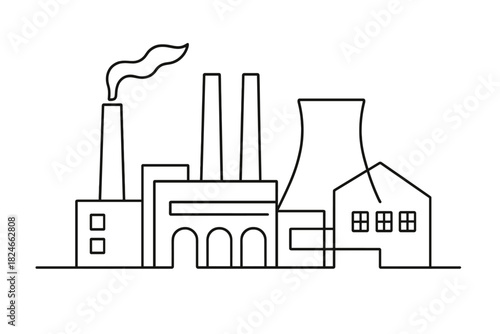 Industrial factory outline with chimneys and cooling tower silhouette