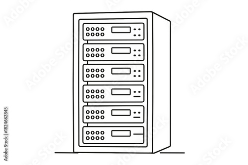 Outline of a server rack with multiple network devices and control panels