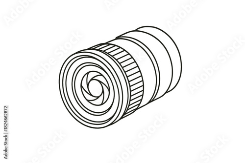 Hand-drawn camera lens with detailed aperture design on white background