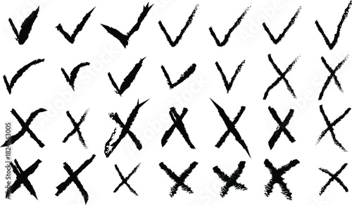 Grungy check marks and x marks scattered across a white surface