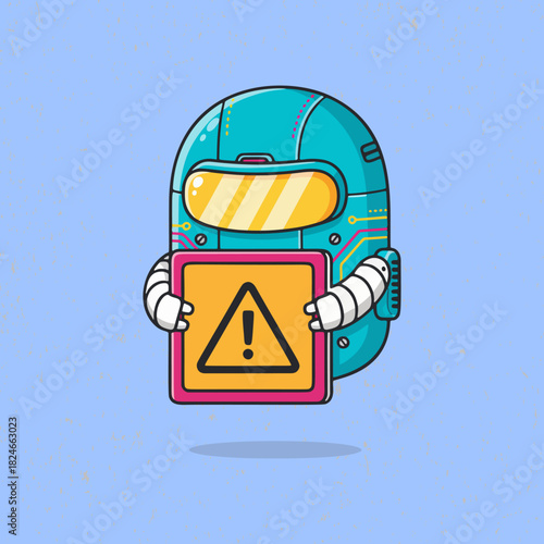 Cute friendly robot showing a warning symbol on a signboard, designed with clean lines, solid colors, and a clear flat style for informative purposes.