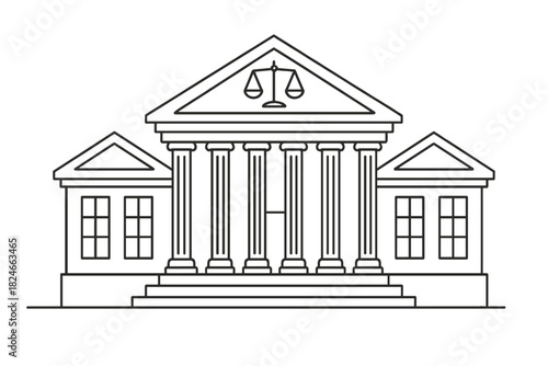 Outline of courthouse with scales of justice on pediment