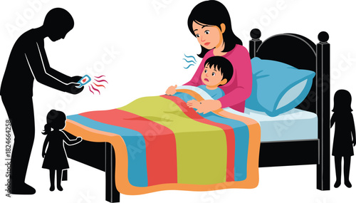 Family caring for sick child, comforting moment, fever check, colorful blanket, emotional support, home health scene, cartoon illustration