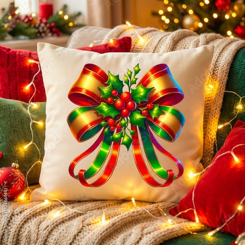 Festive holiday pillow adorned with a bright holly berry and ribbon design, set amidst a cozy, light-filled Christmas ambiance.