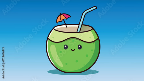 Cute kawaii coconut drink with umbrella and straw