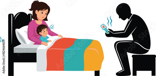 Sick child in bed, caregiving scene, woman comforting, thermometer check, silhouette figure, fever symbol, cartoon health illustration