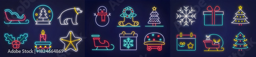Neon christmas icon set featuring sleighs trees and winter elements against a dark blue background